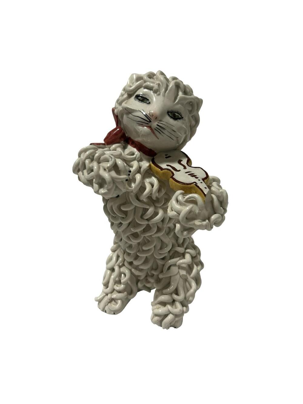 Vintage Italian Spaghetti Cat Figurine Violin Guitar White Ceramic Made In Italy